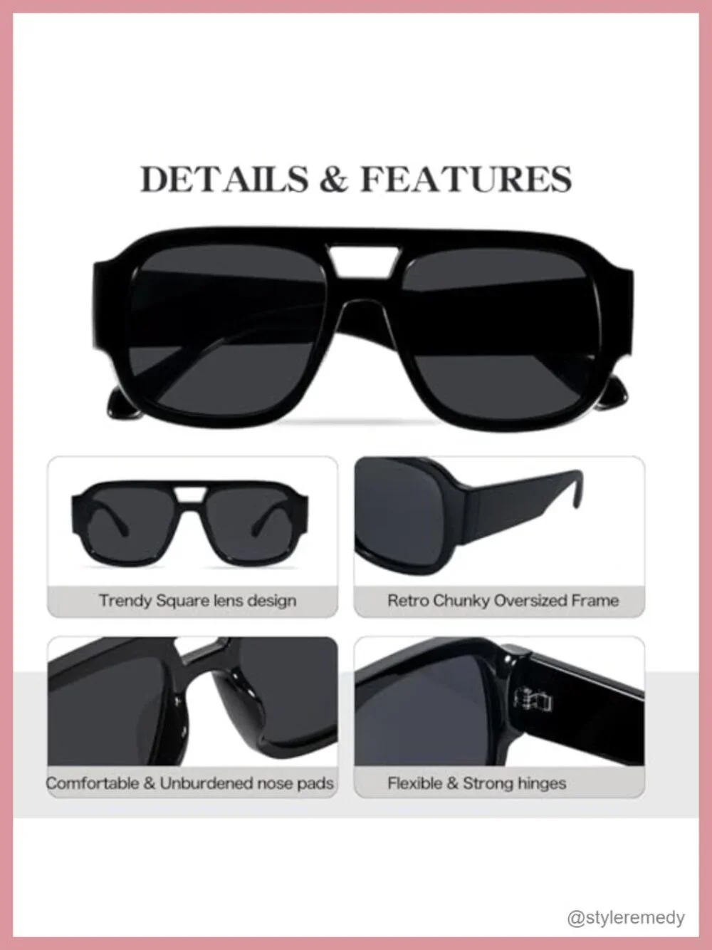Oversized Square Aviator Sunglasses with Double Bridge Retro Chunky Frame Unisex